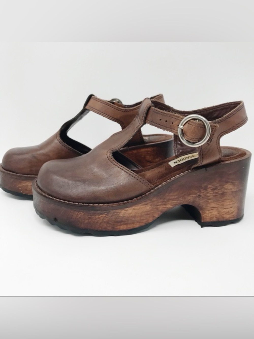 Steve Madden Brown Leather T‑Strap Platform Clogs - Size 7